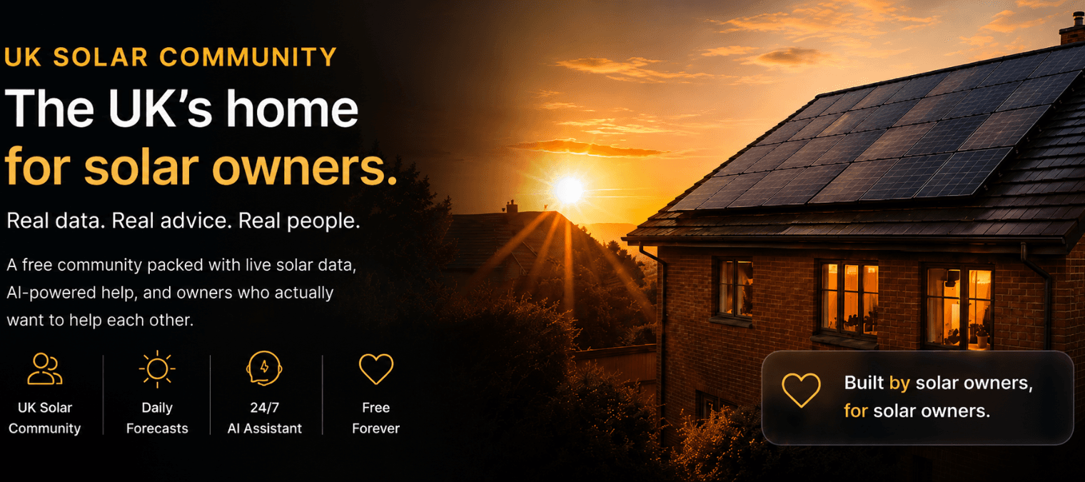 UK Solar Community hero banner showing solar panels, battery storage, and the Discord community interface